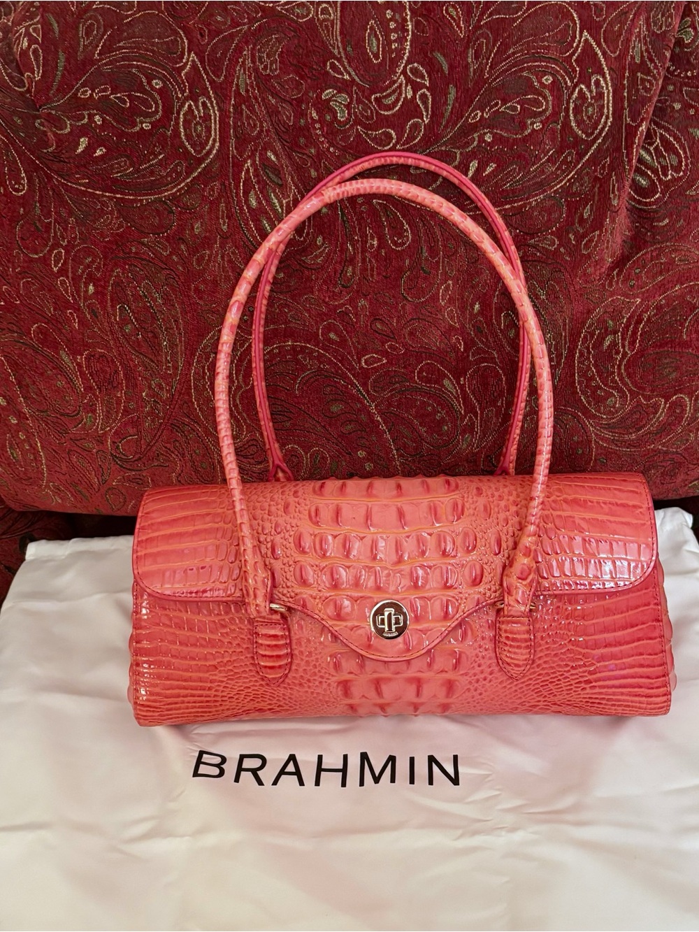 Brahmin Dayan Coral Snapdragon Croc-Embossed Satchel Bag